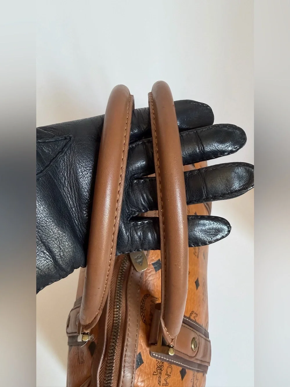MCM Cognac Monogram Boston Satchel with Brown Trim